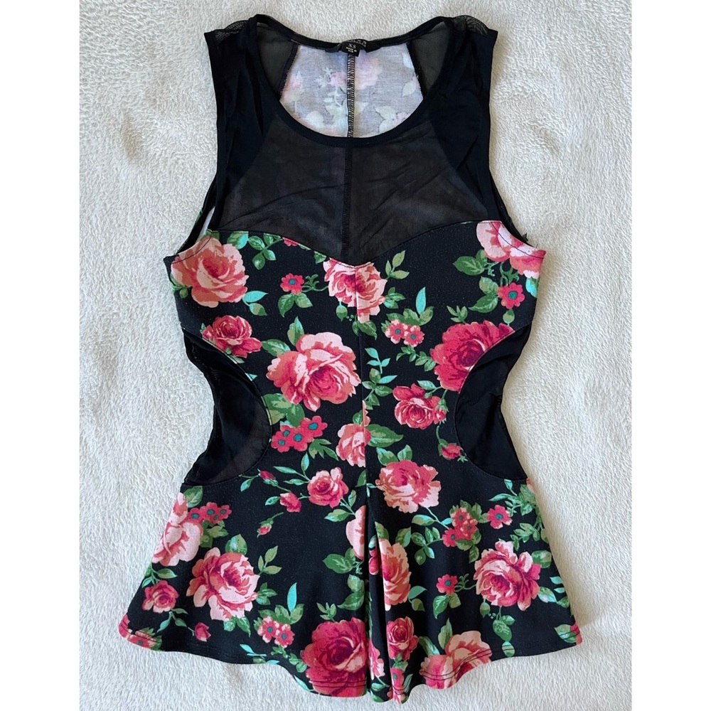 Guess Rose Print Black Peplum Top
